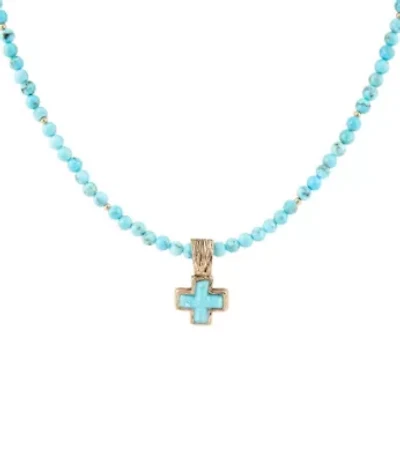 Blue Turquoise Cross Golden Pendant Necklace