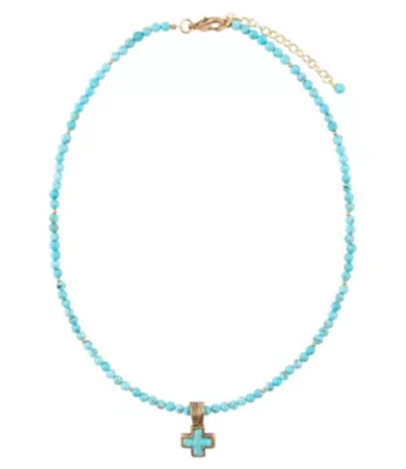 Blue Turquoise Cross Golden Pendant Necklace
