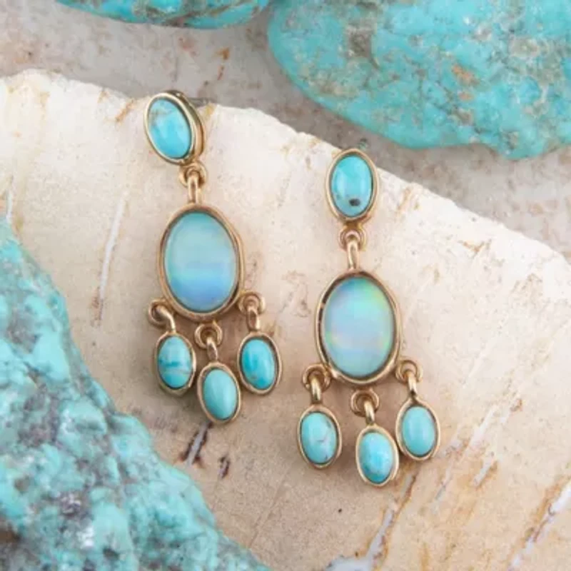 Aurora Blue Opal Post Chandelier Golden Earrings