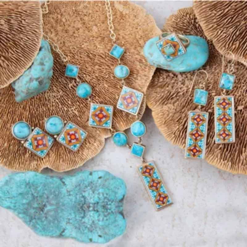 Talavera Tile Blue Turquoise Golden Drop Earrings