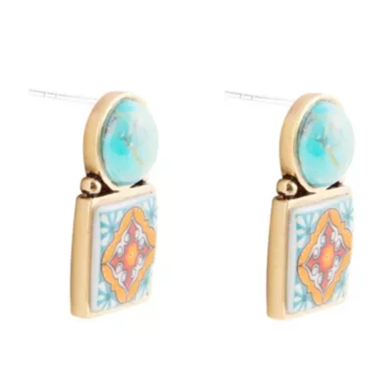 Talavera Tile Blue Turquoise Golden Drop Earrings
