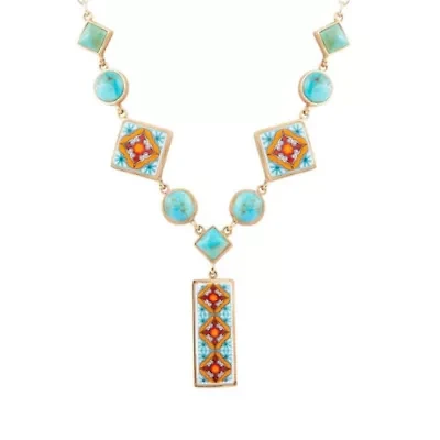 Talavera Tile and Blue Turquoise Golden Y-Neck Necklace