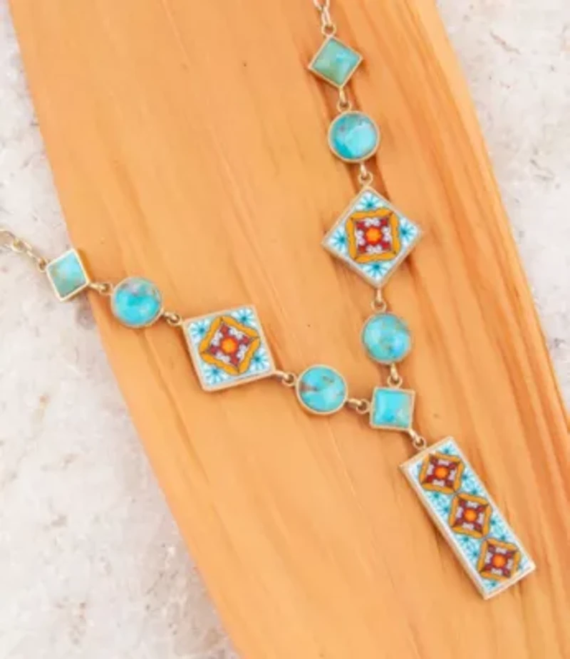 Talavera Tile and Blue Turquoise Golden Y-Neck Necklace
