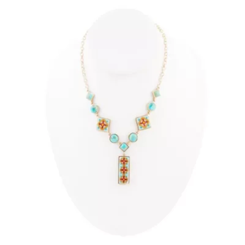 Talavera Tile and Blue Turquoise Golden Y-Neck Necklace