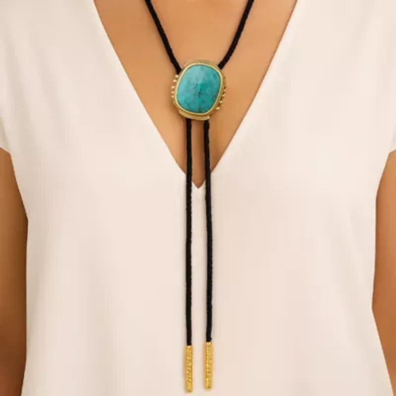 Rawlins Blue Turquoise Black Leather Golden Bolo Necklace