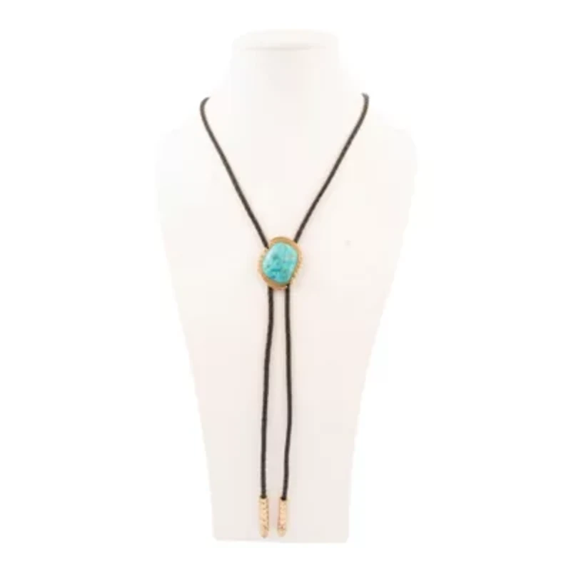 Rawlins Blue Turquoise Black Leather Golden Bolo Necklace