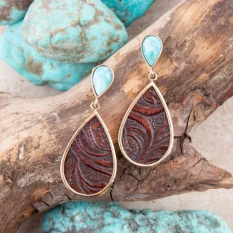 Blue Turquoise Rosette Leather Post Golden Earrings
