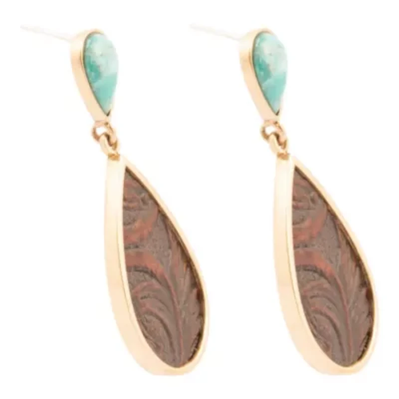 Blue Turquoise Rosette Leather Post Golden Earrings