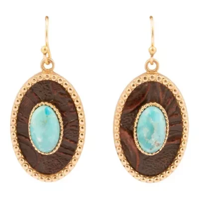 Blue Turquoise Rosette Leather and Golden Drop Earrings