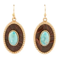 Blue Turquoise Rosette Leather and Golden Drop Earrings