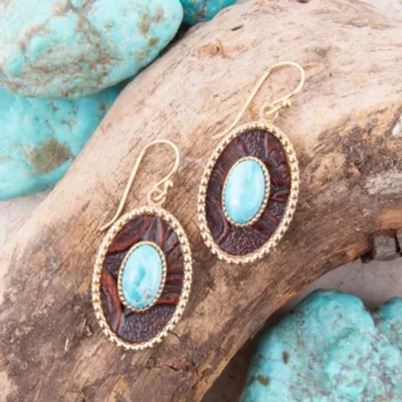 Blue Turquoise Rosette Leather and Golden Drop Earrings