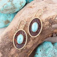 Blue Turquoise Rosette Leather and Golden Drop Earrings