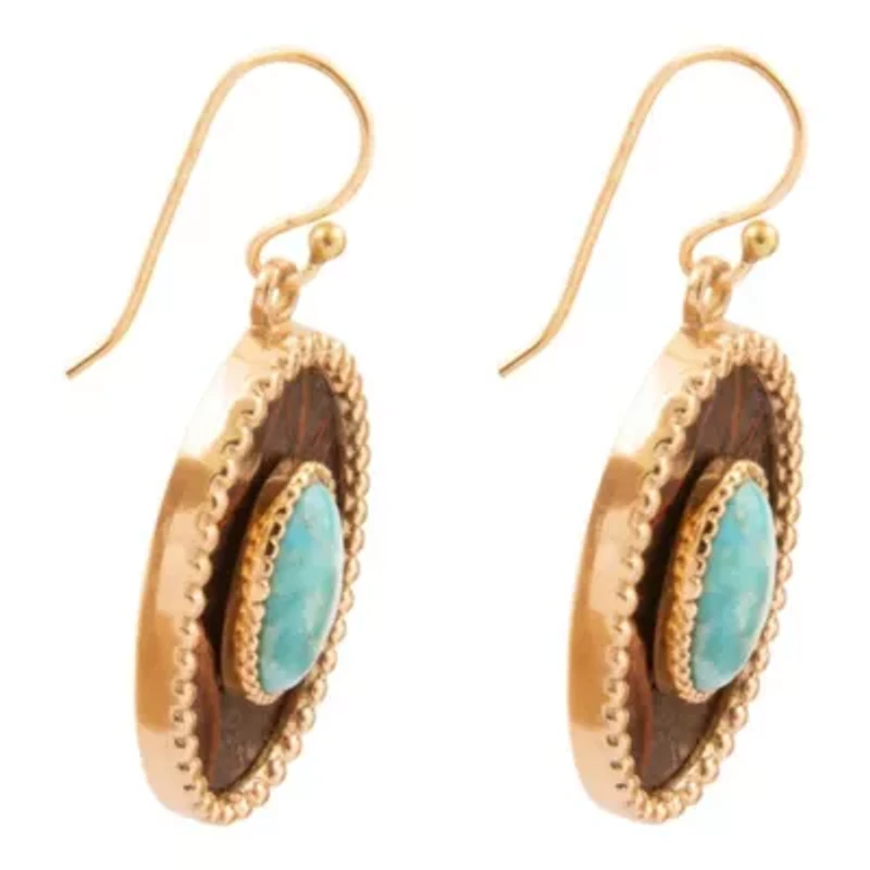 Blue Turquoise Rosette Leather and Golden Drop Earrings