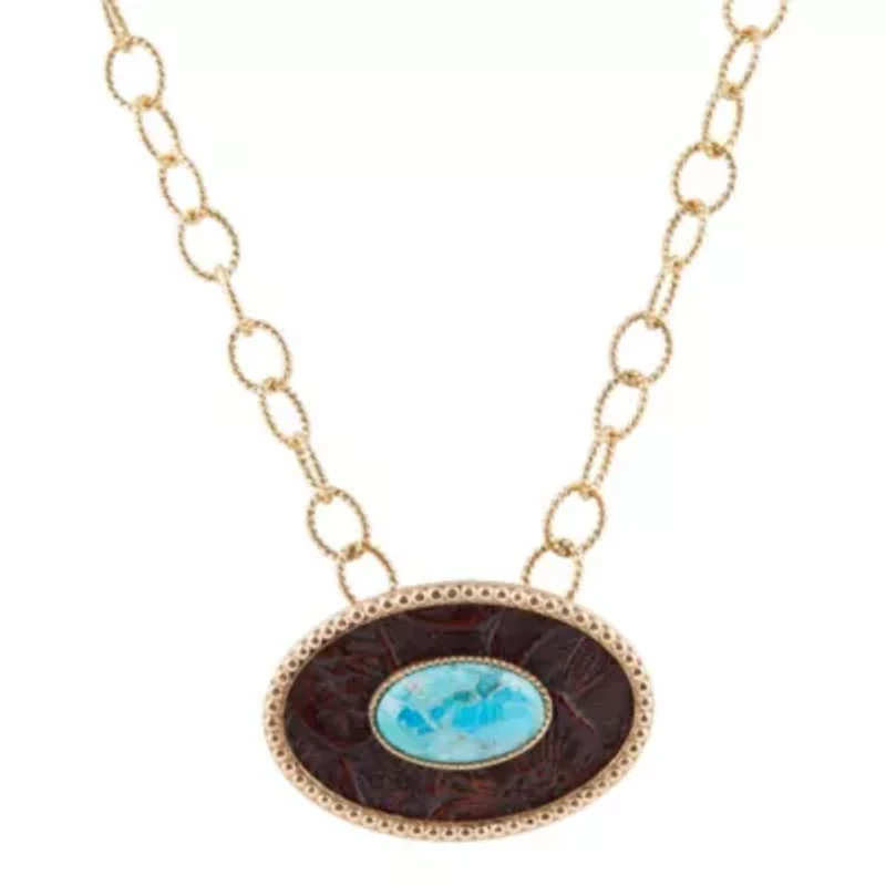 Blue Turquoise Rosette Leather Pendant Golden Chain Necklace