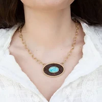 Blue Turquoise Rosette Leather Pendant Golden Chain Necklace