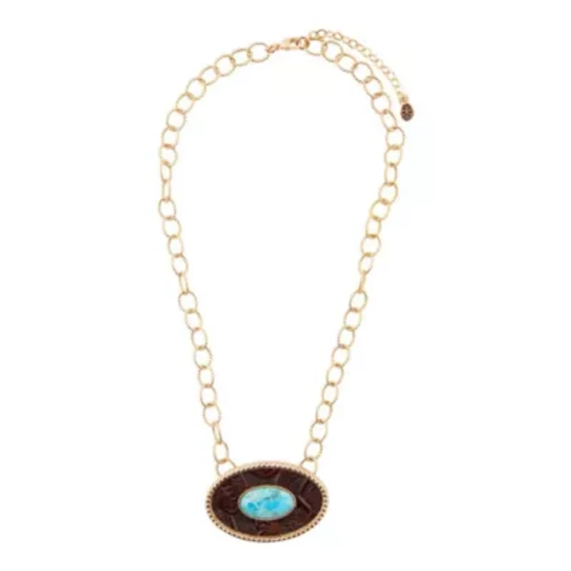Blue Turquoise Rosette Leather Pendant Golden Chain Necklace