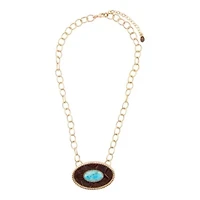 Blue Turquoise Rosette Leather Pendant Golden Chain Necklace