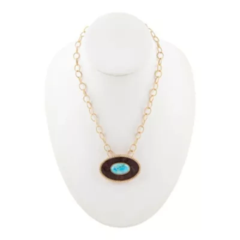 Blue Turquoise Rosette Leather Pendant Golden Chain Necklace