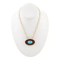 Blue Turquoise Rosette Leather Pendant Golden Chain Necklace