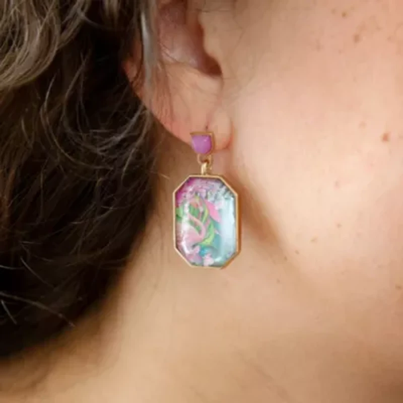 Scenic Flamingo Pink Agate Golden Post Drop Earrings