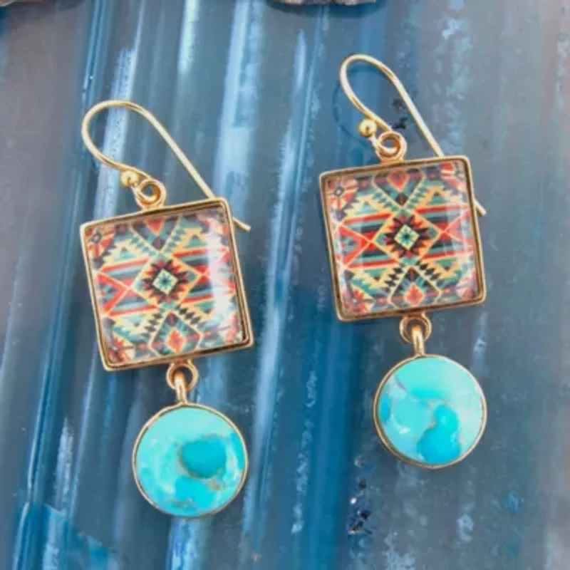 Native Weave Blue Turquoise Golden Drop Earrings