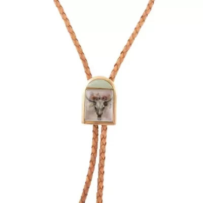 Steer Skull Green Aventurine Golden Leather Bolo Necklace