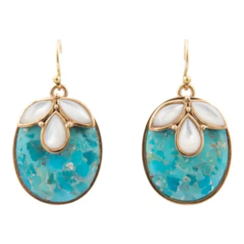 White Mother of Pearl and Blue Turquoise Petal Golden Drop Earrings