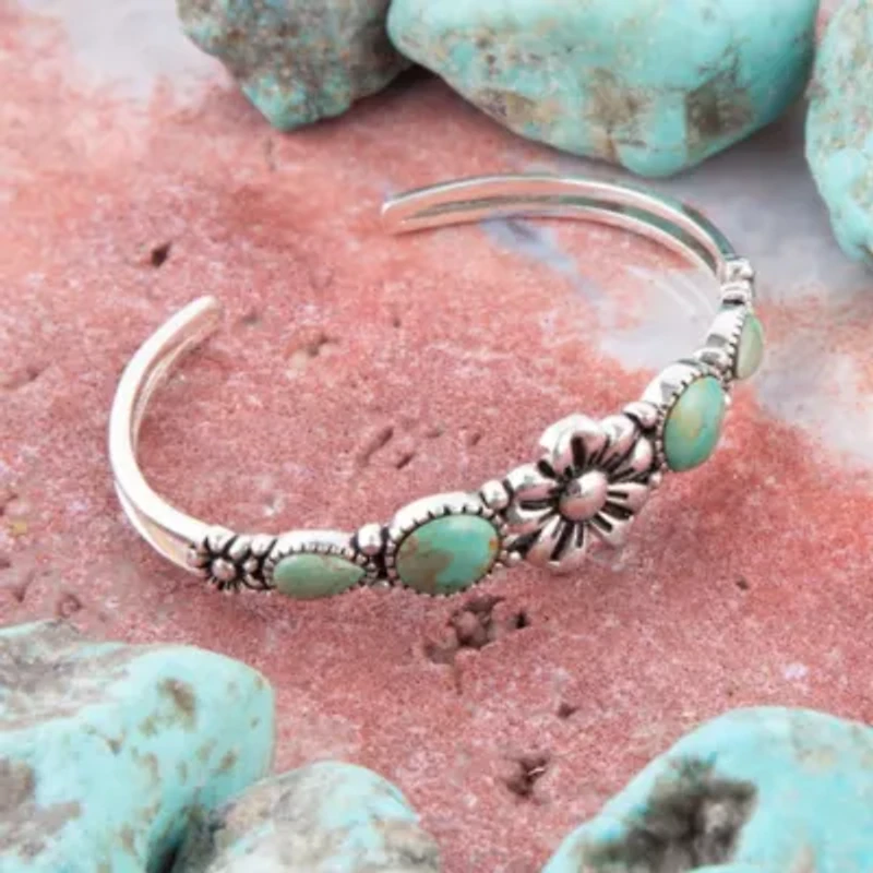 Floral Blue Turquoise and Sterling Silver Cuff Bracelet