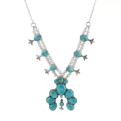 Squash Blossom Statement Blue Turquoise and Silver Necklace