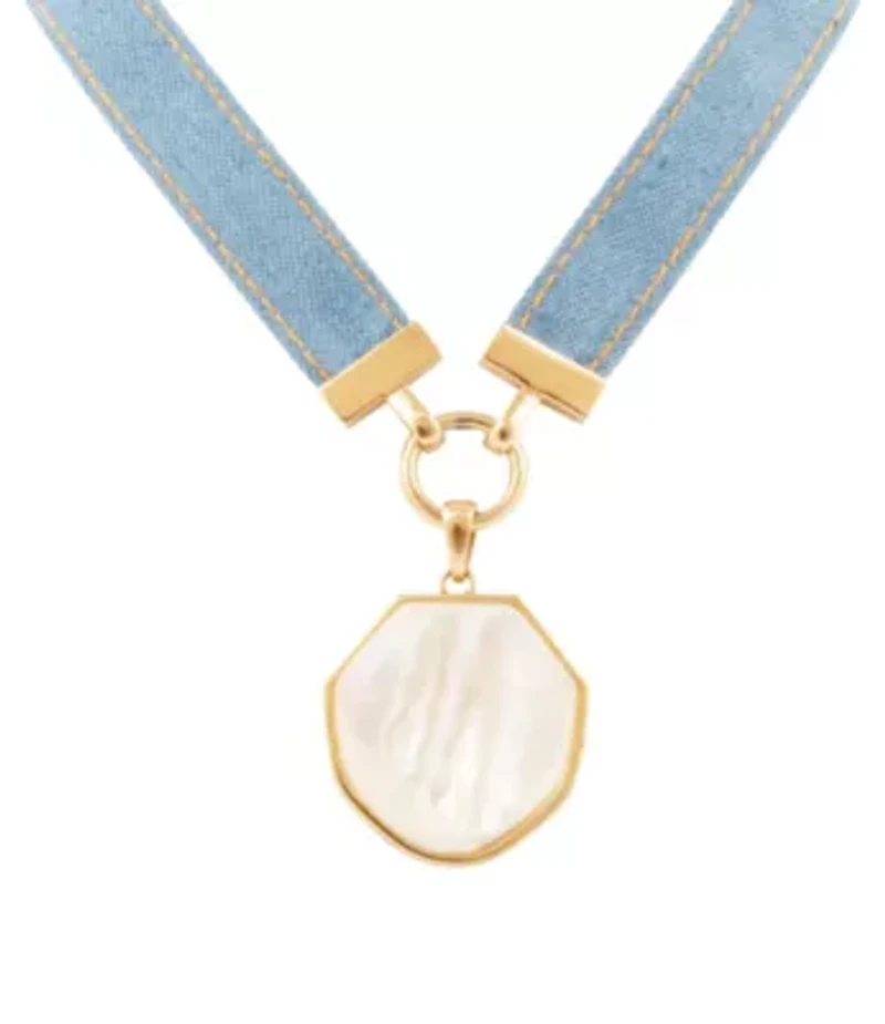 Blue Denim Dreams White Mother of Pearl Ribbon Golden Pendant Necklace