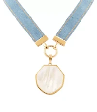 Blue Denim Dreams White Mother of Pearl Ribbon Golden Pendant Necklace