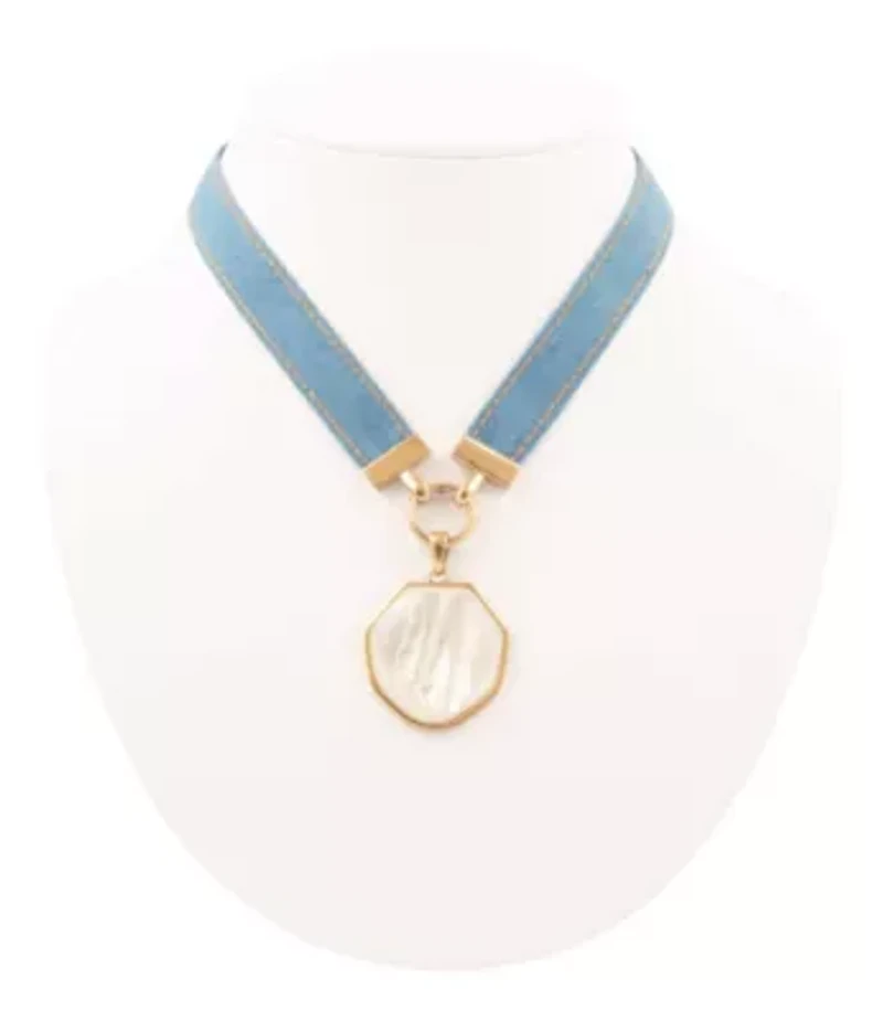 Blue Denim Dreams White Mother of Pearl Ribbon Golden Pendant Necklace