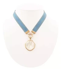 Blue Denim Dreams White Mother of Pearl Ribbon Golden Pendant Necklace
