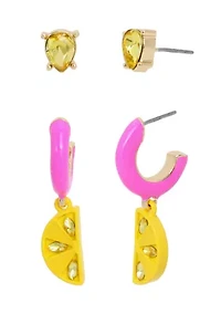 Lemon Charm Huggie Duo Earrings Set