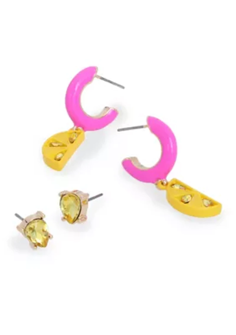 Lemon Charm Huggie Duo Earrings Set