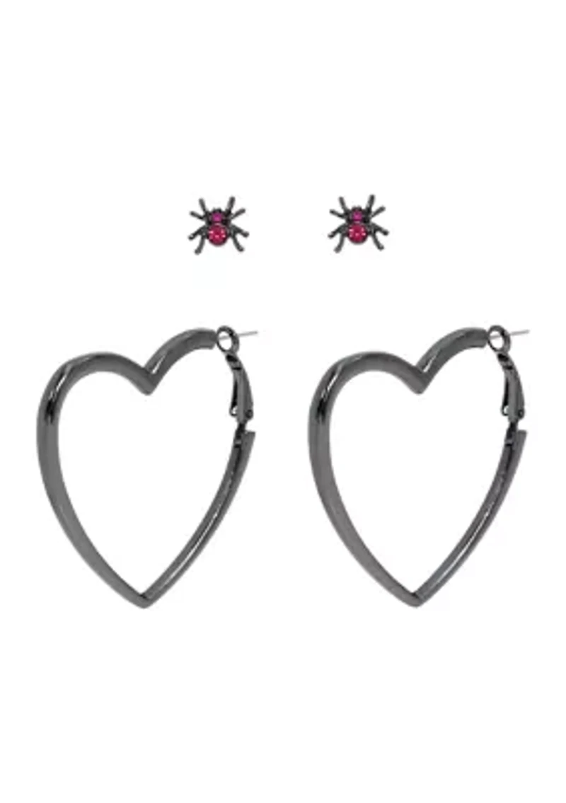 Spider Stud & Heart Hoop Duo Earring Set