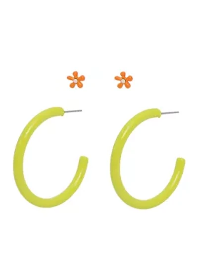 Flower Stud & Hoop Duo Earring Set