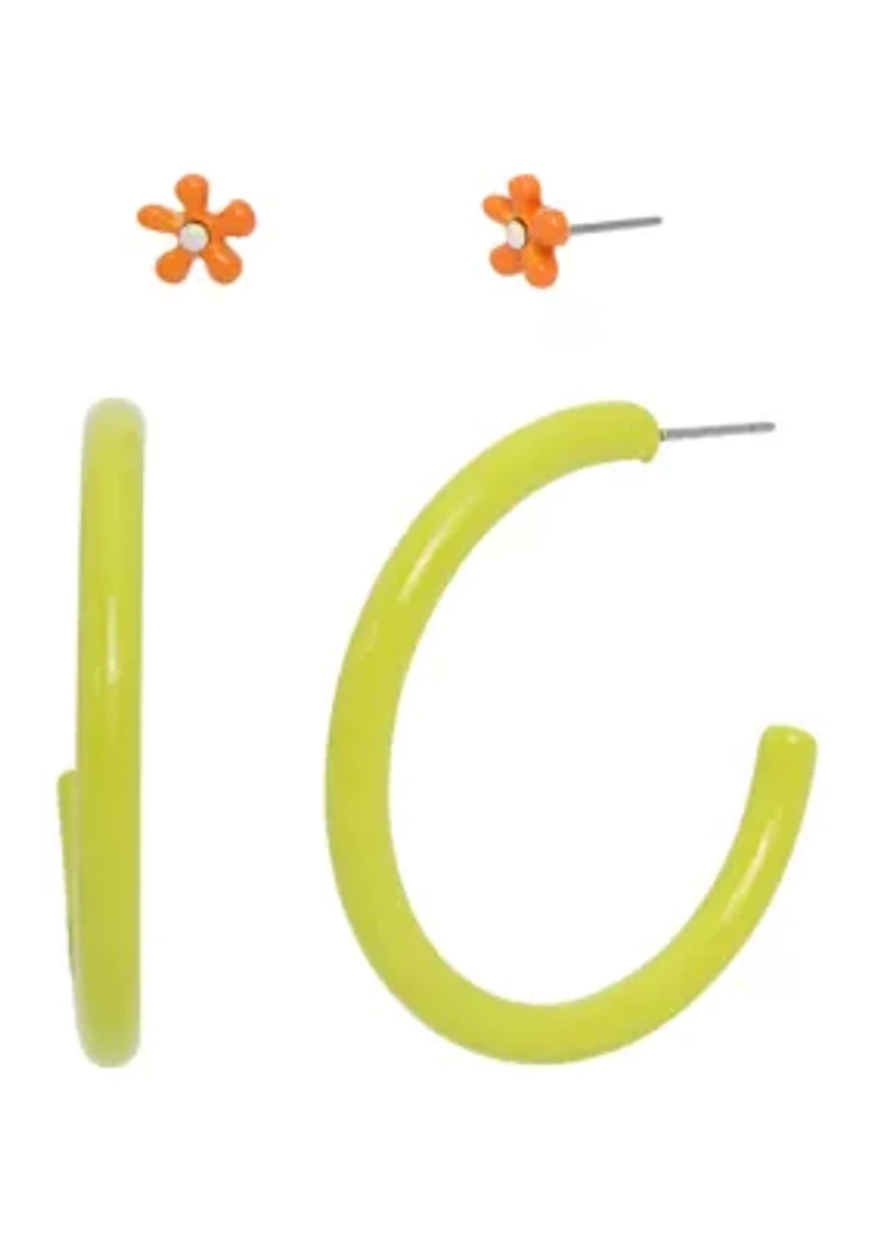 Flower Stud & Hoop Duo Earring Set