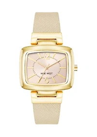 Women's Quartz Rectangular Gold Tone Tan Faux Leather Watch