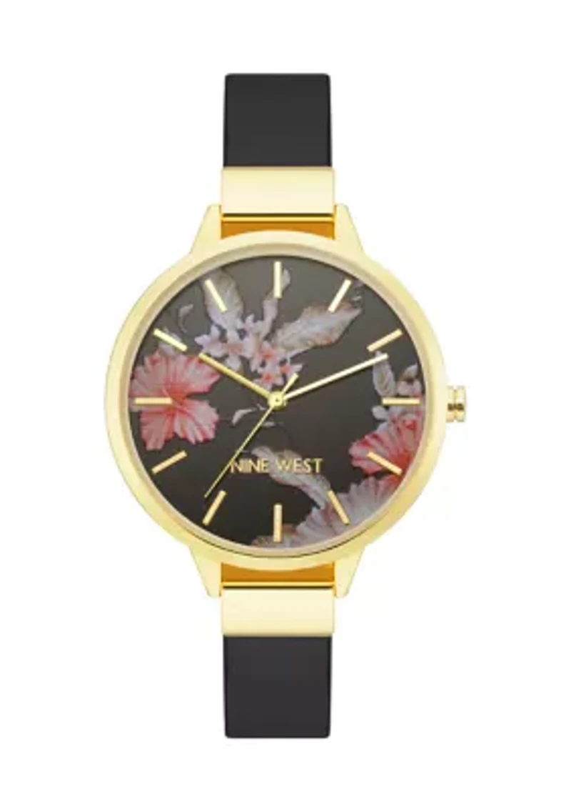 Leather Band and Alloy Metal with Floral Pattern Dial Watch