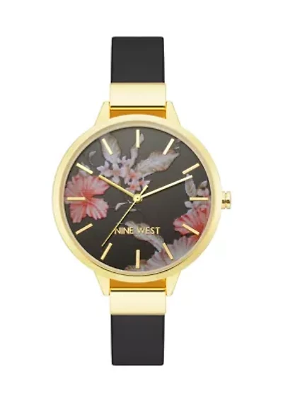 Leather Band and Alloy Metal with Floral Pattern Dial Watch
