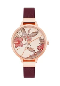 Women's Quartz Round Rose Gold-Tone Metal Burgundy Faux Leather Watch