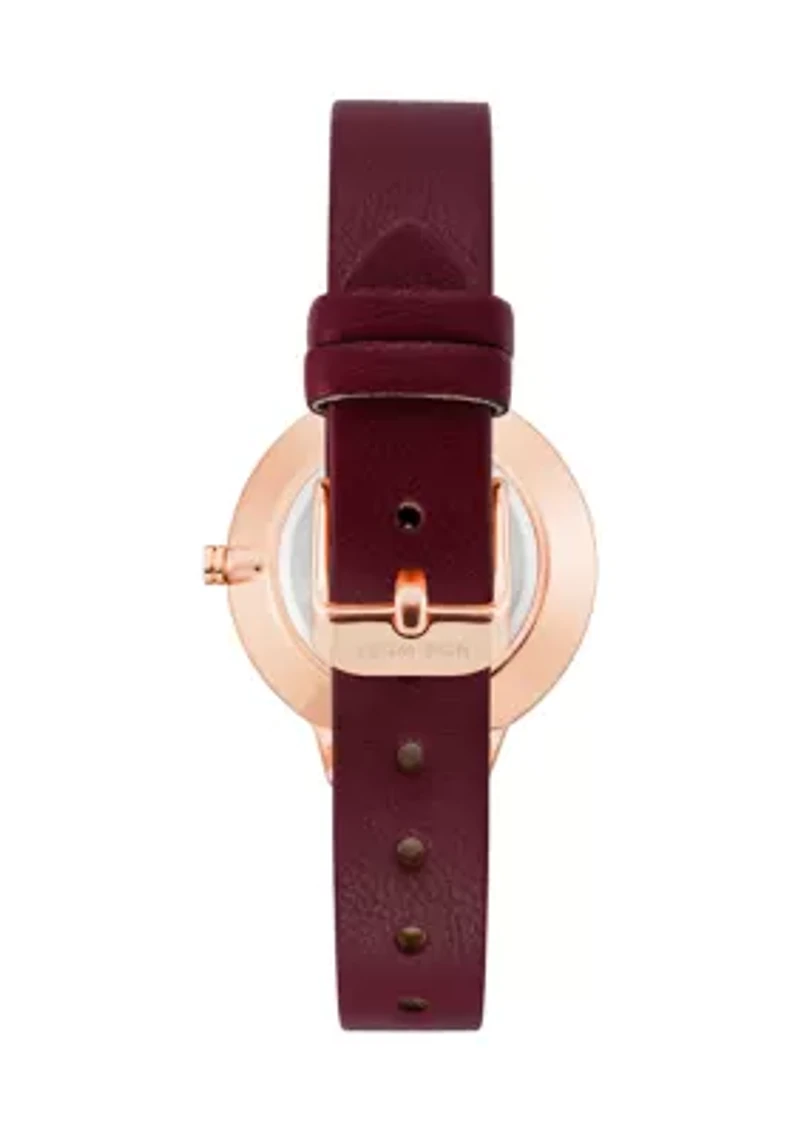  Women's Quartz Round Rose Gold-Tone Metal Burgundy Faux Leather Watch