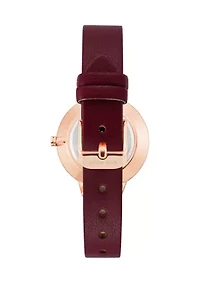  Women's Quartz Round Rose Gold-Tone Metal Burgundy Faux Leather Watch