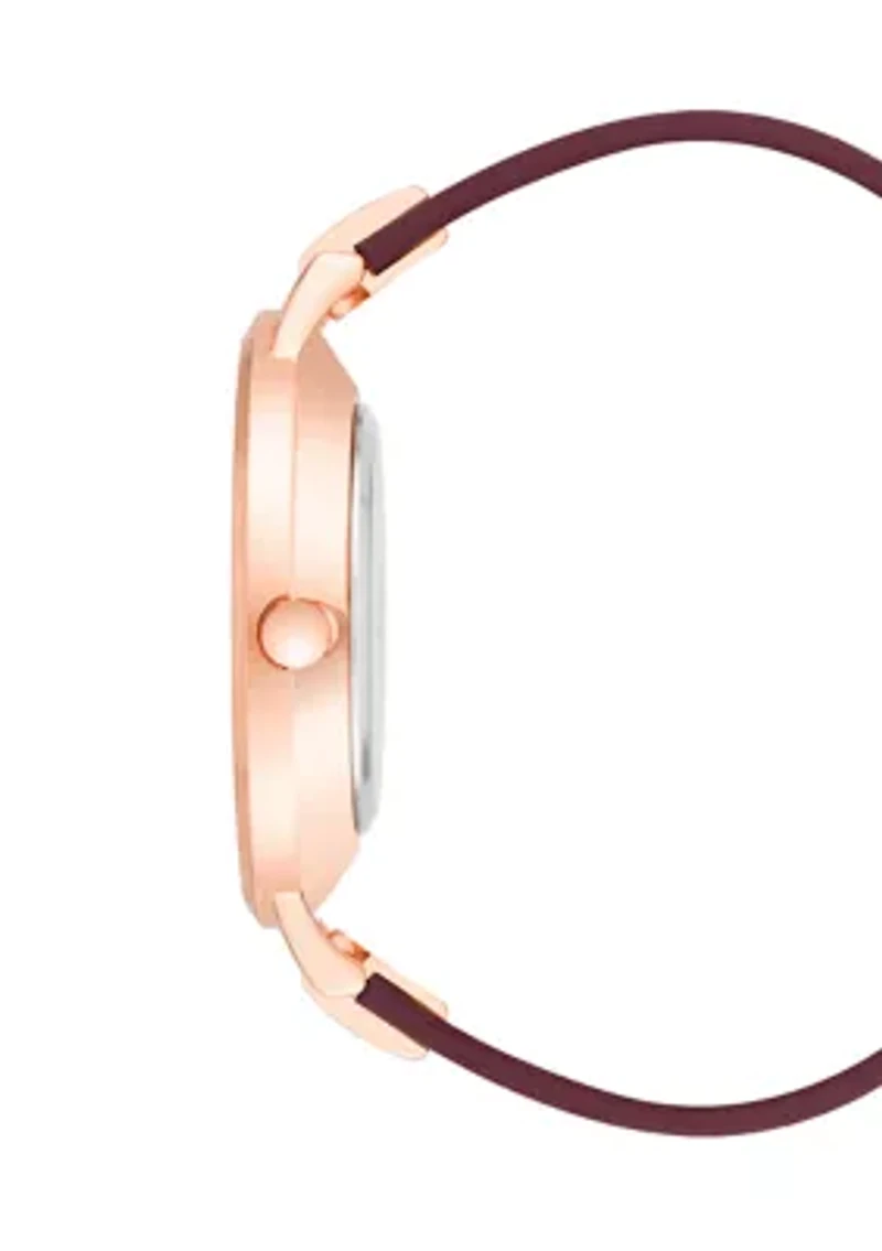  Women's Quartz Round Rose Gold-Tone Metal Burgundy Faux Leather Watch