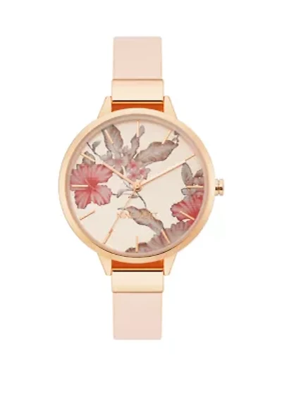 Leather Band and Alloy Metal with Floral Pattern Dial Watch
