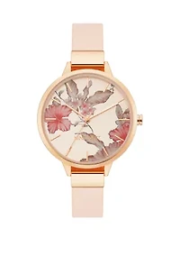 Leather Band and Alloy Metal with Floral Pattern Dial Watch