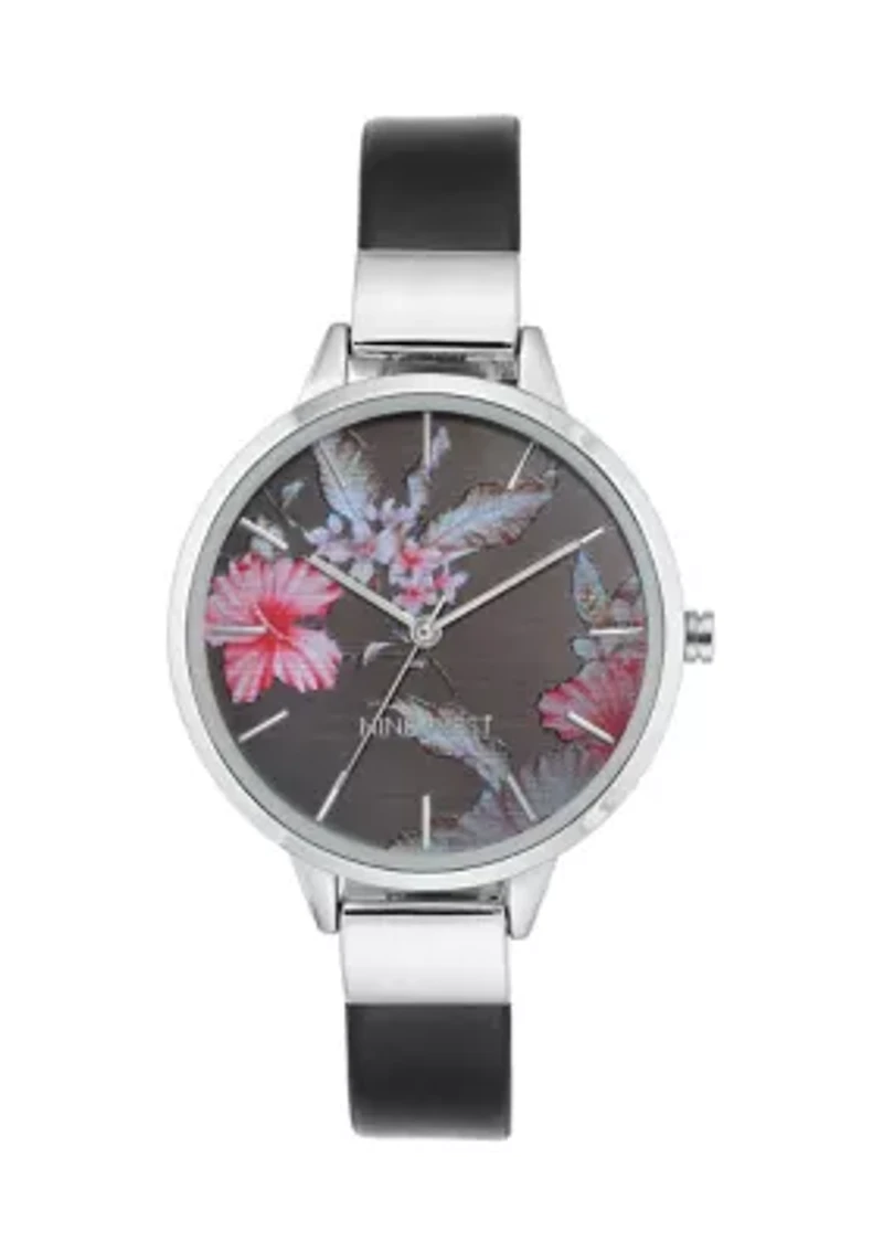 Leather Band and Alloy Metal with Floral Pattern Dial Watch
