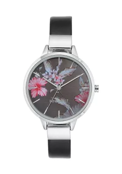 Leather Band and Alloy Metal with Floral Pattern Dial Watch