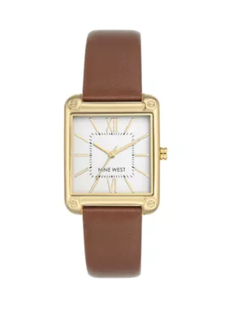 Women's 29 Millimeter Rectangular Brown Faux Leather Band Watch 